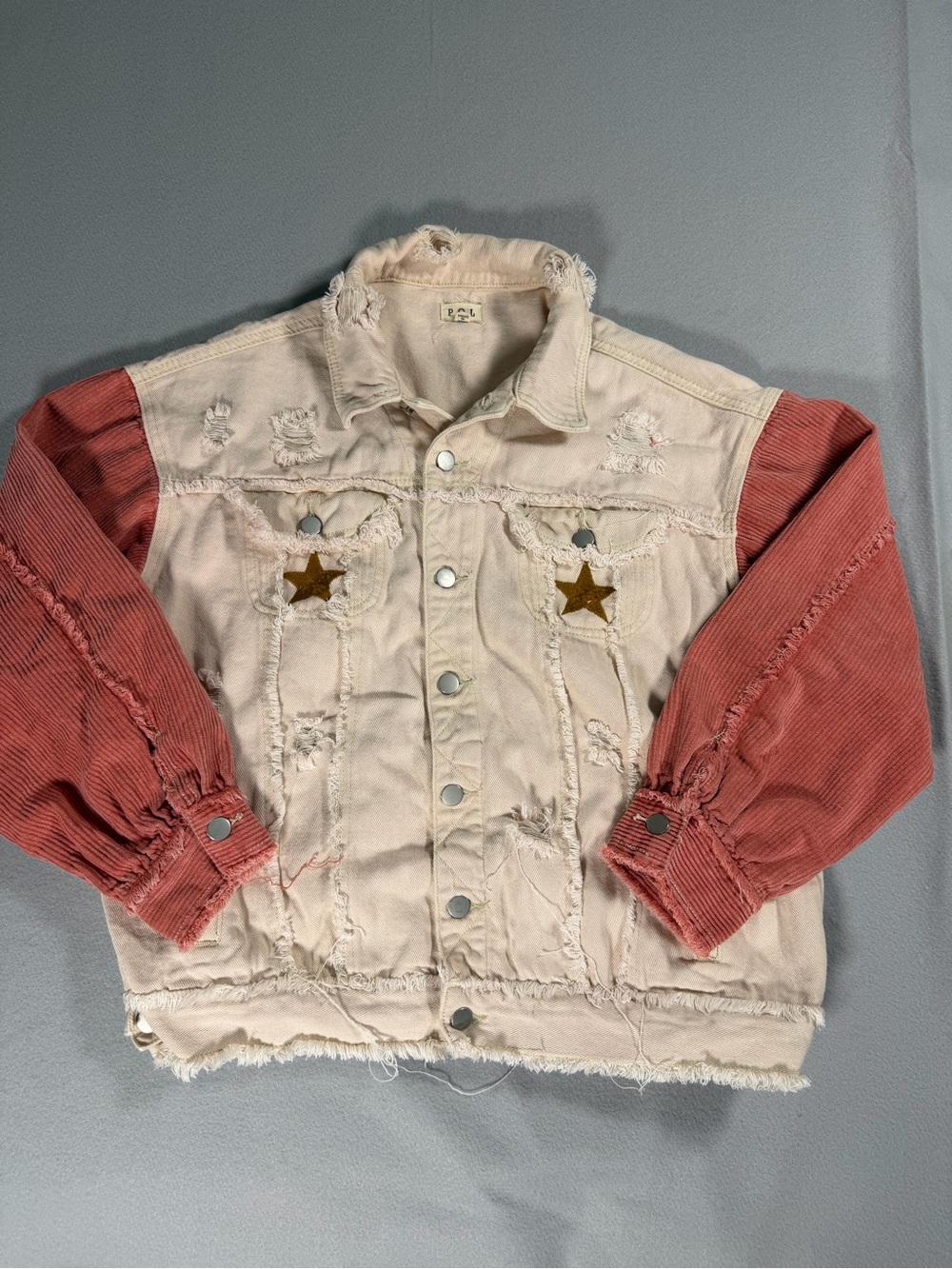 POL Clothing Women Denim Jacket Corduroy Sleeve Star Patch Boho Shacket Distress